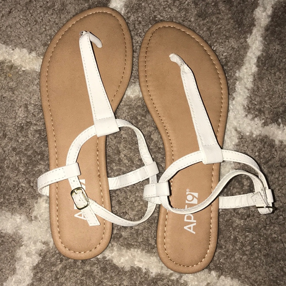 White and tan t strap Sandals